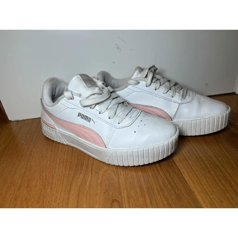 PUMA Carina Shoes Youth Size 4 White Pink Low Top Casual SoftFoam 386185-09
